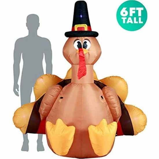 Holidayana 6ft Inflatable Turkey Pilgrim Hat Thanksgiving Decoration Built-in