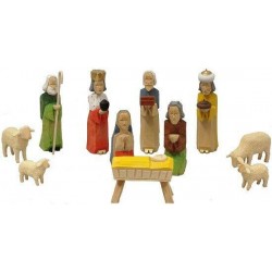 Colored German Carved Wood Christmas Nativity Scene Set of 11 Pieces  Germany