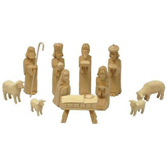 Natural German Carved Wood Christmas Nativity Scene Set of 11 Pieces