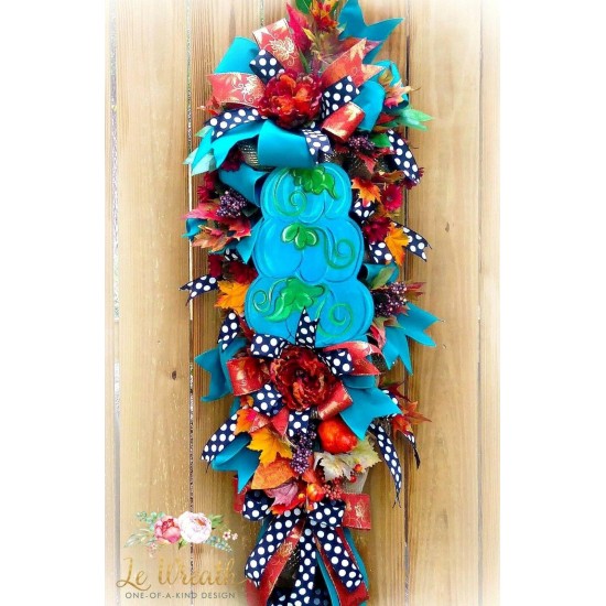 Fall Autumn Floral Door Swag Wreath Teal Color Pumpkin Home Decor Thanksgiving