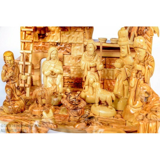 12 Pieces individually Hand Crafted Olive Wood Musical Nativity Set + Free Camel