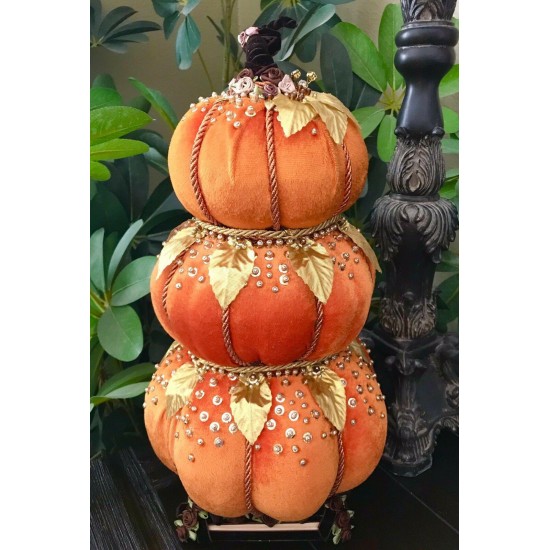 THANKSGIVING VELVET BEADED STACKED PUMPKINS 16” TREE CENTERPIECE TABLE DECOR