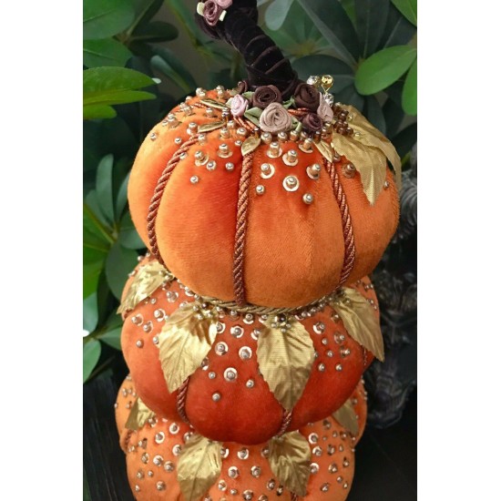 THANKSGIVING VELVET BEADED STACKED PUMPKINS 16” TREE CENTERPIECE TABLE DECOR