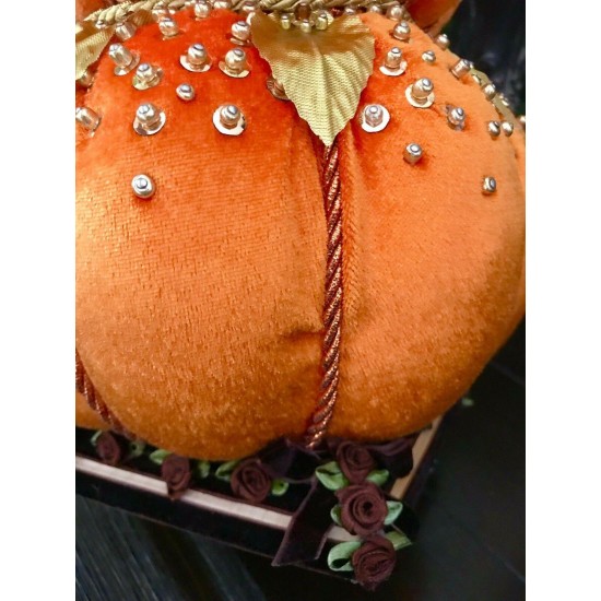 THANKSGIVING VELVET BEADED STACKED PUMPKINS 16” TREE CENTERPIECE TABLE DECOR