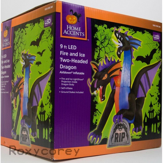 Gemmy 8ft 2 Headed Fire and Ice Dragon W/flaming Mouth Inflatable