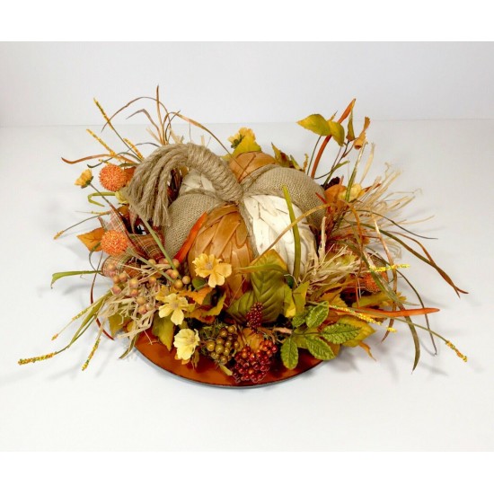 BURLAP WOOD PUMPKIN LRG CENTERPIECE FALL HARVEST THANKSGIVING FLORAL ARRANGEMENT