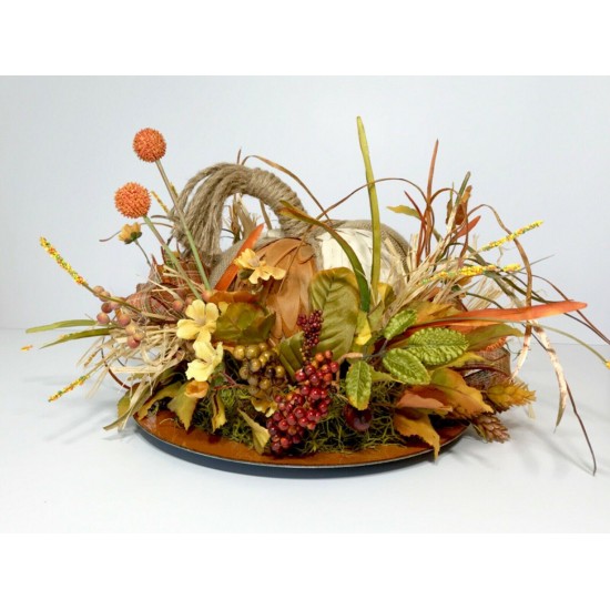 BURLAP WOOD PUMPKIN LRG CENTERPIECE FALL HARVEST THANKSGIVING FLORAL ARRANGEMENT