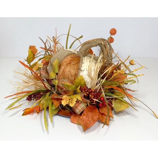 BURLAP WOOD PUMPKIN LRG CENTERPIECE FALL HARVEST THANKSGIVING FLORAL ARRANGEMENT