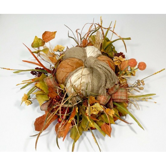 BURLAP WOOD PUMPKIN LRG CENTERPIECE FALL HARVEST THANKSGIVING FLORAL ARRANGEMENT