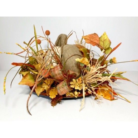 BURLAP WOOD PUMPKIN LRG CENTERPIECE FALL HARVEST THANKSGIVING FLORAL ARRANGEMENT