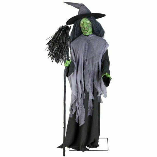 Gemmy Evil Witch with Broom Indoor Animated Halloween Prop 6.3' Tall