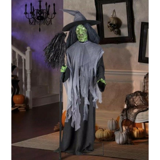 Gemmy Evil Witch with Broom Indoor Animated Halloween Prop 6.3' Tall