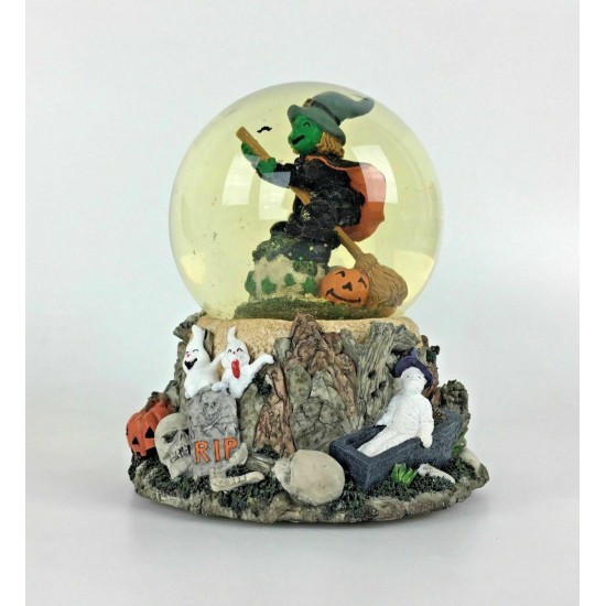 Vintage Halloween Musical Snow Globe Witch Pumpkin Ghosts Skull Decor Gift Video