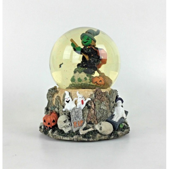 Vintage Halloween Musical Snow Globe Witch Pumpkin Ghosts Skull Decor Gift Video