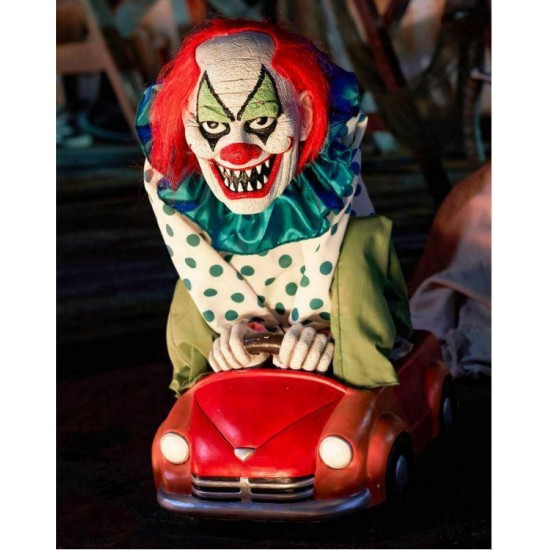 2' Spooky Driving Circus Clown Sound Activated Animatronic Halloween Decoration