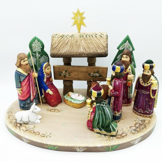 Carved wood wooden Nativity Manger Jesus Mary joseph christmas hand painted #1