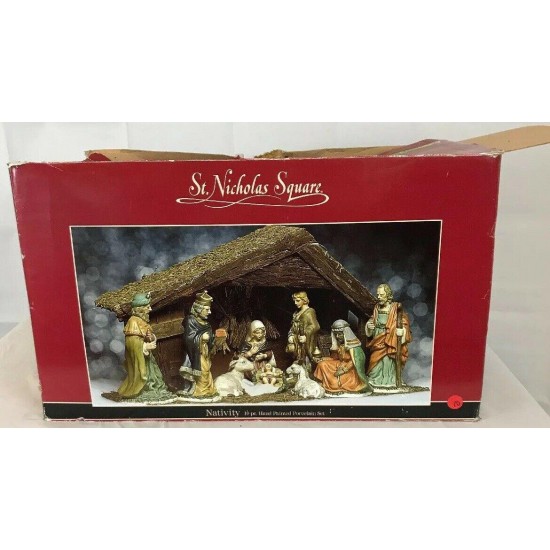 St Nicholas Square Village ~ Nativity Scene 10 Pc Set Porcelain