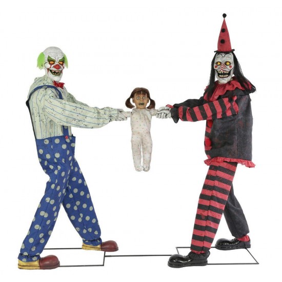 Creepy ANIMATED TUG OF WAR CLOWNS with KID Red Black Halloween Prop Decoration