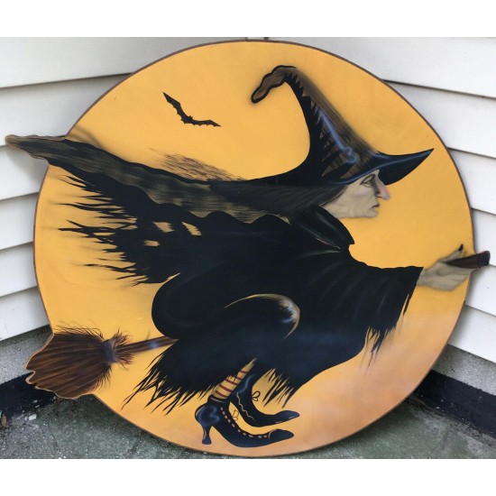 Vintage Halloween Flying Witch On A Broom Wooden Plaque Decor Over 3 Feet