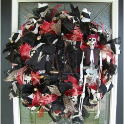 Light Up Pirate Ship & Skeleton Deco Mesh Front Door Wreath Gasparilla Halloween