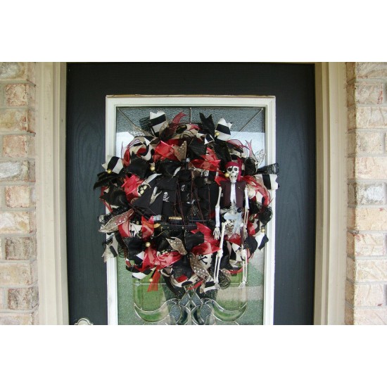 Light Up Pirate Ship & Skeleton Deco Mesh Front Door Wreath Gasparilla Halloween