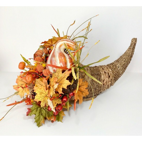 WICKER CORNUCOPIA FALL BASKET LARGE CENTERPIECE ARRANGEMENT THANKSGIVING TABLE