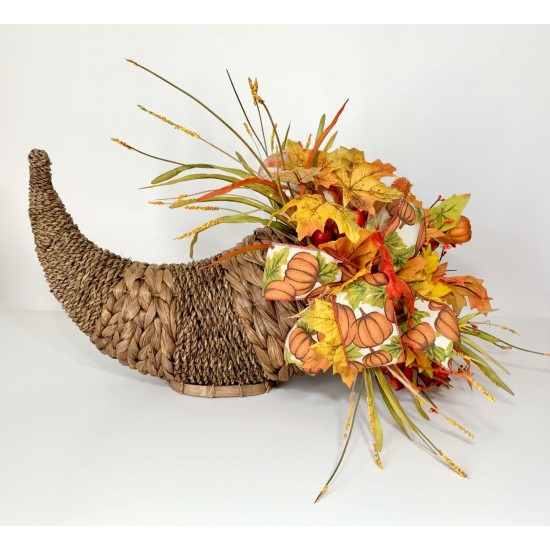 WICKER CORNUCOPIA FALL BASKET LARGE CENTERPIECE ARRANGEMENT THANKSGIVING TABLE