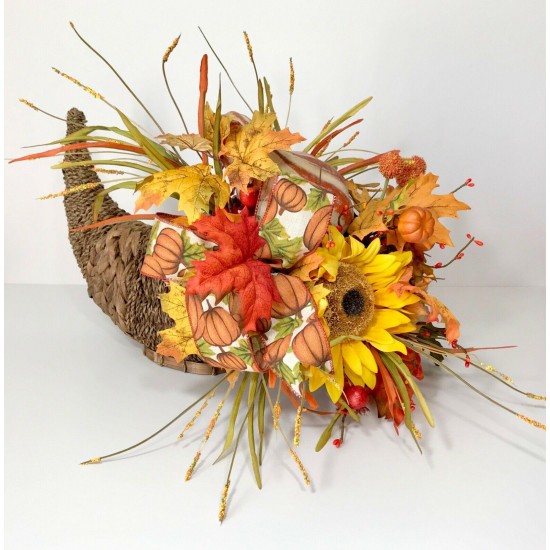 WICKER CORNUCOPIA FALL BASKET LARGE CENTERPIECE ARRANGEMENT THANKSGIVING TABLE