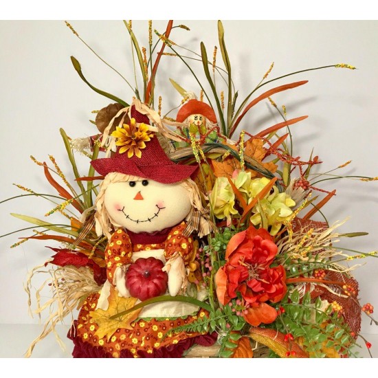 CENTERPIECE FALL BASKET SCARECROW FLOWER LARGE ARRANGEMENT AUTUMN THANKSGIVING