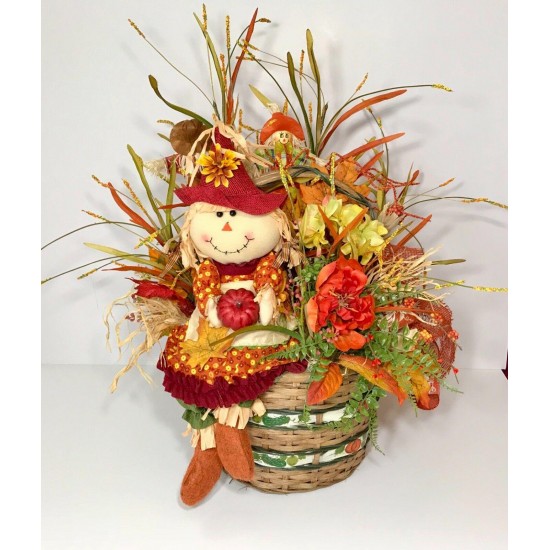 CENTERPIECE FALL BASKET SCARECROW FLOWER LARGE ARRANGEMENT AUTUMN THANKSGIVING