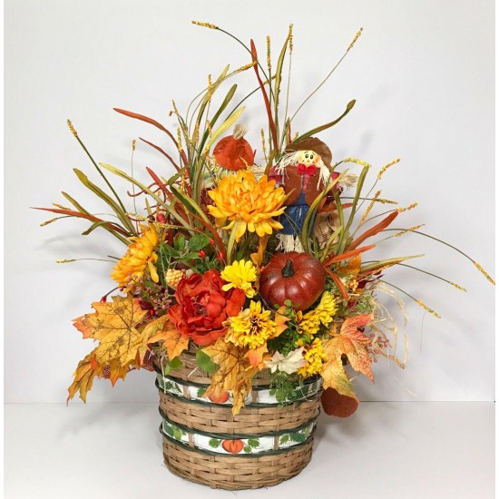 CENTERPIECE FALL BASKET SCARECROW FLOWER LARGE ARRANGEMENT AUTUMN THANKSGIVING