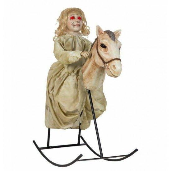 3' Tall Rocking Horse with Creepy Talking Doll Animatronic Halloween Decoration