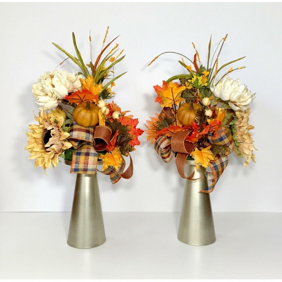 THANKSGIVING TABLE FLORAL CANDLESTICKS PAIR FALL AUTUMN HARVEST ARRANGEMENT NEW