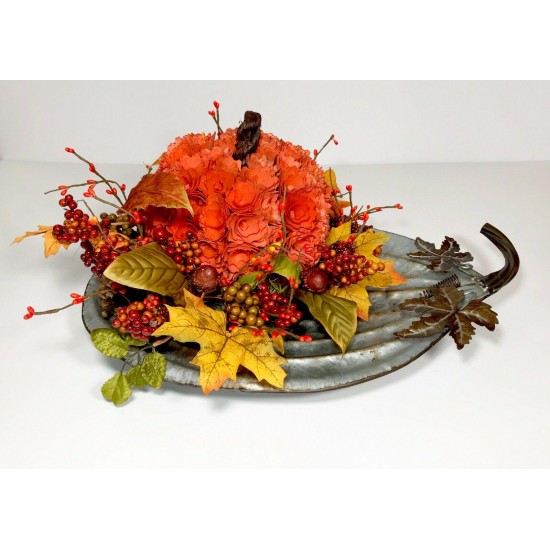 METAL PUMPKIN TRAY LARGE CENTERPIECE FALL HARVEST THANKSGIVING ARRANGEMENT NEW