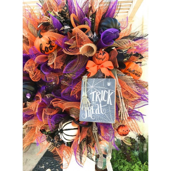 HALLOWEEN TRICK OR TREAT PUMPKIN SKELETON RIBBON WREATH DOOR DECOR