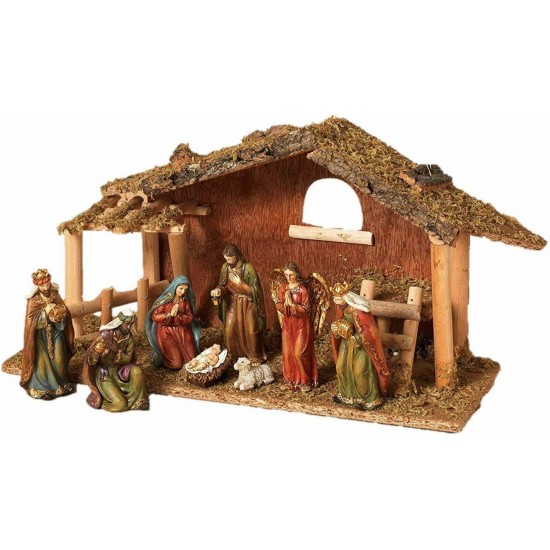 Holy Birth 9-Piece Ceramic Nativity Scene with Mossy Stable