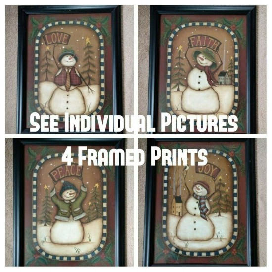 Kim Lewis Snowman Faith Love Peace Joy Winter Christmas Print Framed 18x14