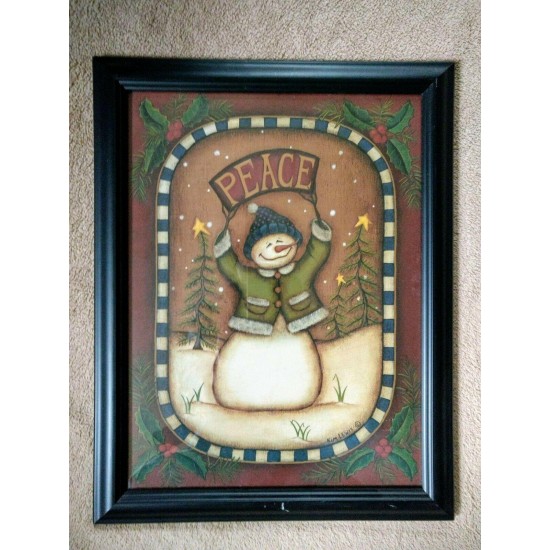 Kim Lewis Snowman Faith Love Peace Joy Winter Christmas Print Framed 18x14