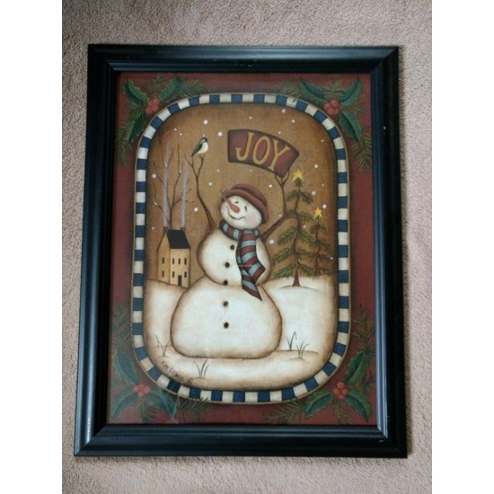 Kim Lewis Snowman Faith Love Peace Joy Winter Christmas Print Framed 18x14