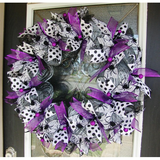 XL GORGEOUS Halloween Purple Silver Black and White Front Door Wreath Decoration