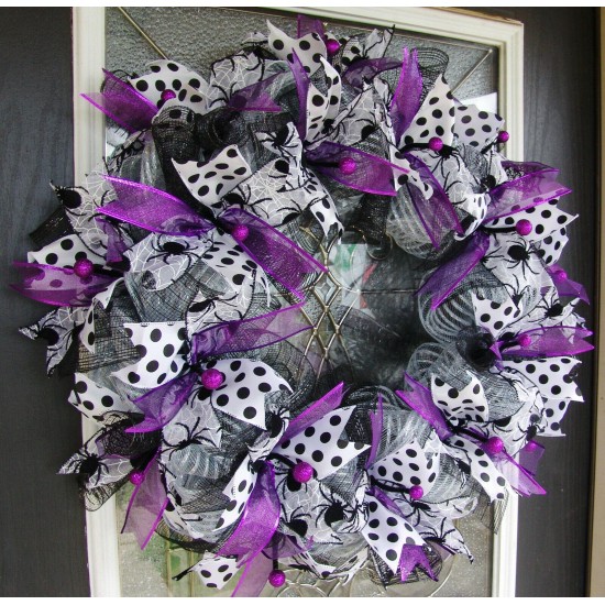 XL GORGEOUS Halloween Purple Silver Black and White Front Door Wreath Decoration