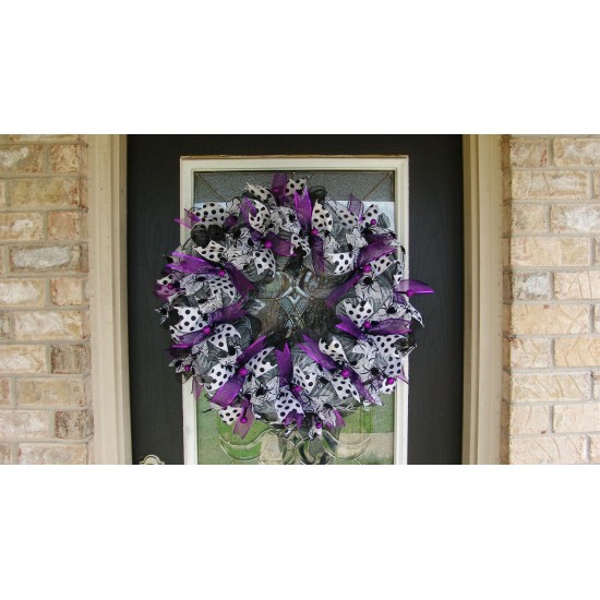 XL GORGEOUS Halloween Purple Silver Black and White Front Door Wreath Decoration