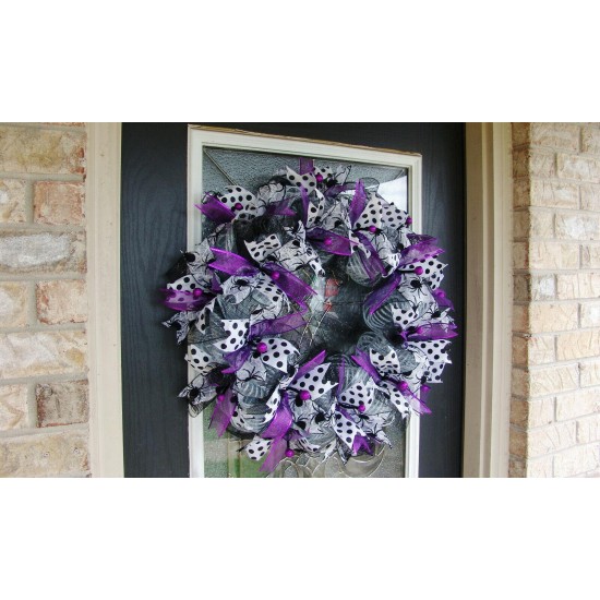 XL GORGEOUS Halloween Purple Silver Black and White Front Door Wreath Decoration