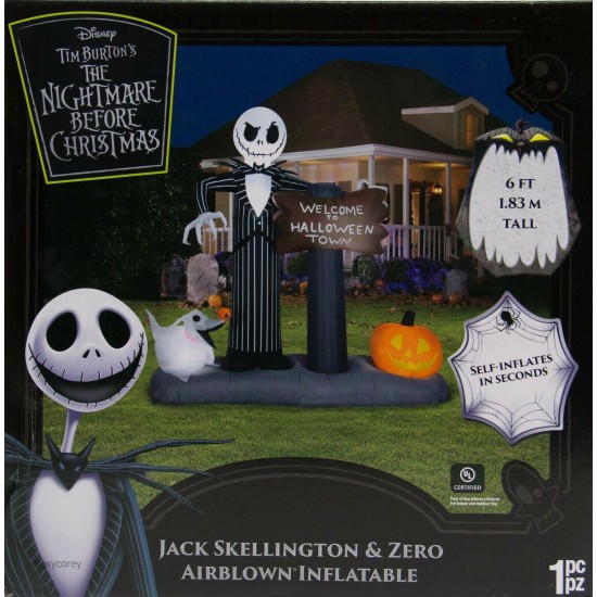 Gemmy Corp Nightmare Before Christmas 6ft Jack Skellington & Zero Welcome to