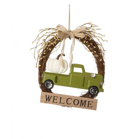 Autumn Fall Halloween decoration “Welcome” Pumpkin Truck Wreath, 16.5