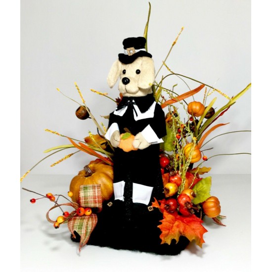 THANKSGIVING PILGRIM DOG CENTERPIECE FALL COLORS AUTUMN FLORAL ARRANGEMENT NEW