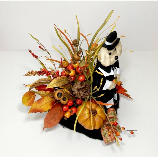 THANKSGIVING PILGRIM DOG CENTERPIECE FALL COLORS AUTUMN FLORAL ARRANGEMENT NEW