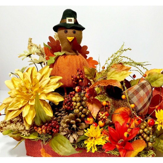 LARGE THANKSGIVING TURKEY CENTERPIECE FALL COLORS AUTUMN FLORAL ARRANGEMENT NEW