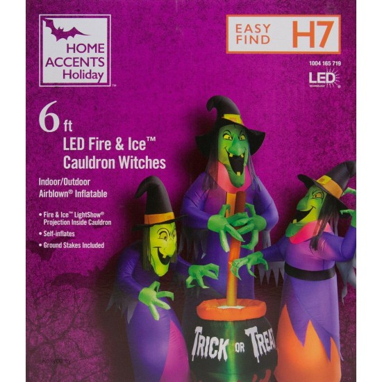 Halloween 6 ft LED Fire and Ice 3 Witches with Cauldron Projection Inflatable