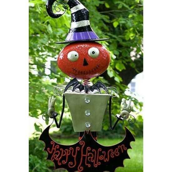 5ft Tall Metal Pumpkin Man with 'Happy Halloween' Banner Figurine Decoration